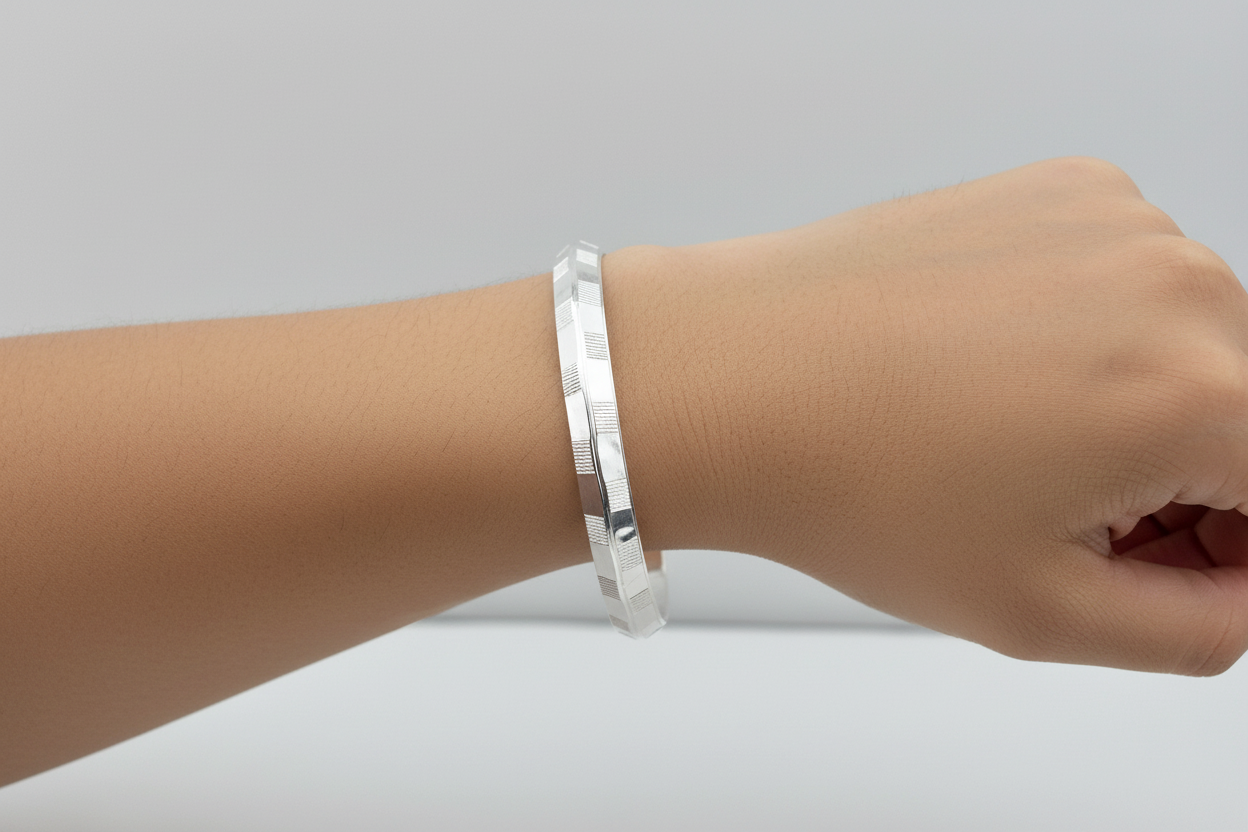 Silver Pattern Kada – 925 Sterling Silver Bracelet Geometric Textured Design Adjustable Bangle