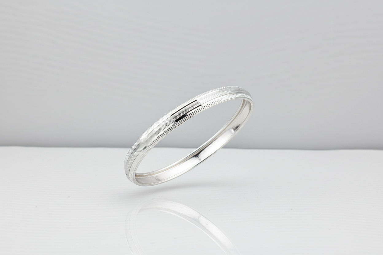Striped Silver Kada – 925 Sterling Silver Bracelet Textured Band with Center Highlight Design