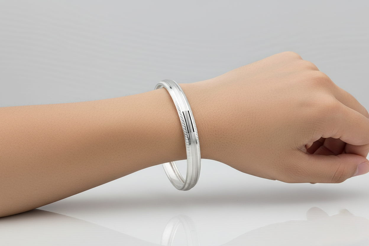 Striped Silver Kada – 925 Sterling Silver Bracelet Textured Band with Center Highlight Design