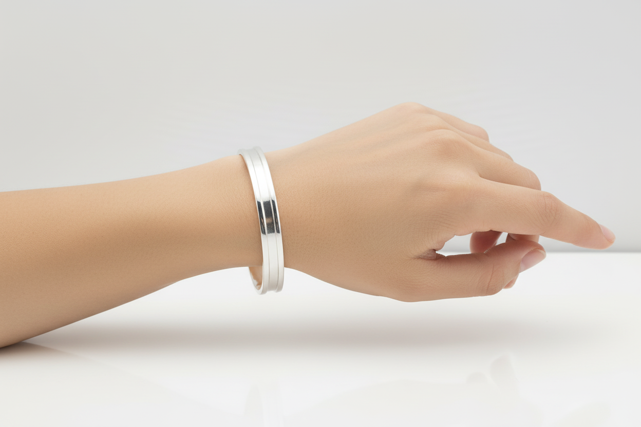 Plain Silver Kada – 925 Sterling Silver Bracelet Polished Minimal Band with Center Groove