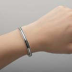 Dual Line Silver Kada – 925 Sterling Silver Bracelet Polished Band with Center Highlight Design