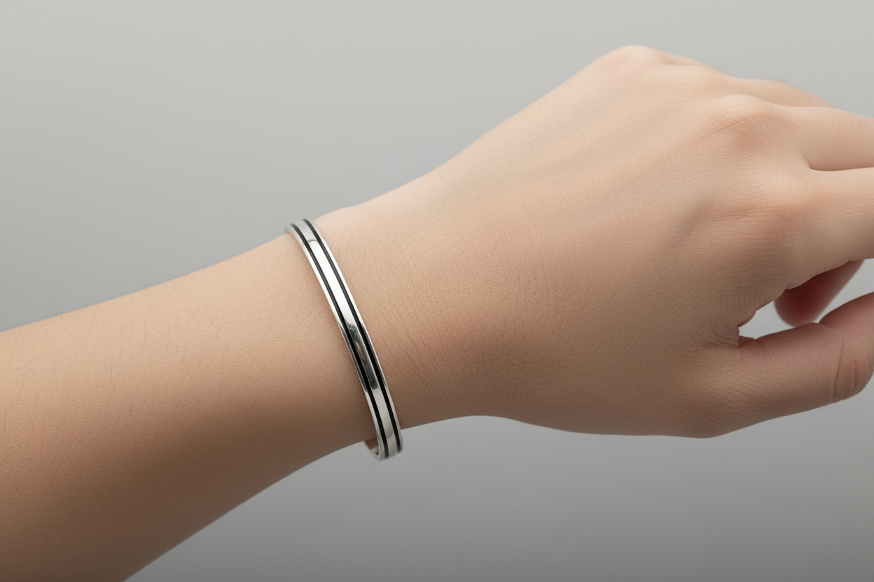 Dual Line Silver Kada – 925 Sterling Silver Bracelet Polished Band with Center Highlight Design