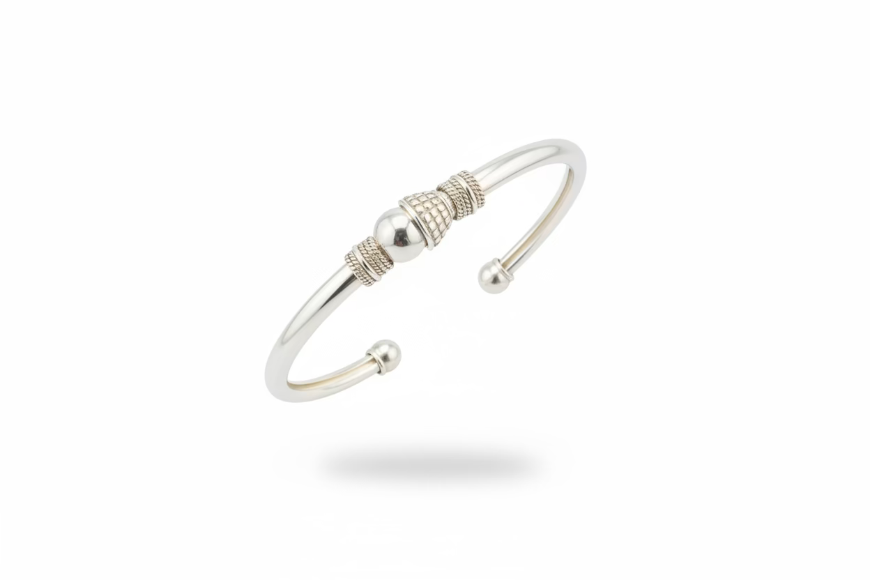 Textured Cone Bead Silver Kada – 925 Sterling Silver Bracelet Designer Center Bead Bangle