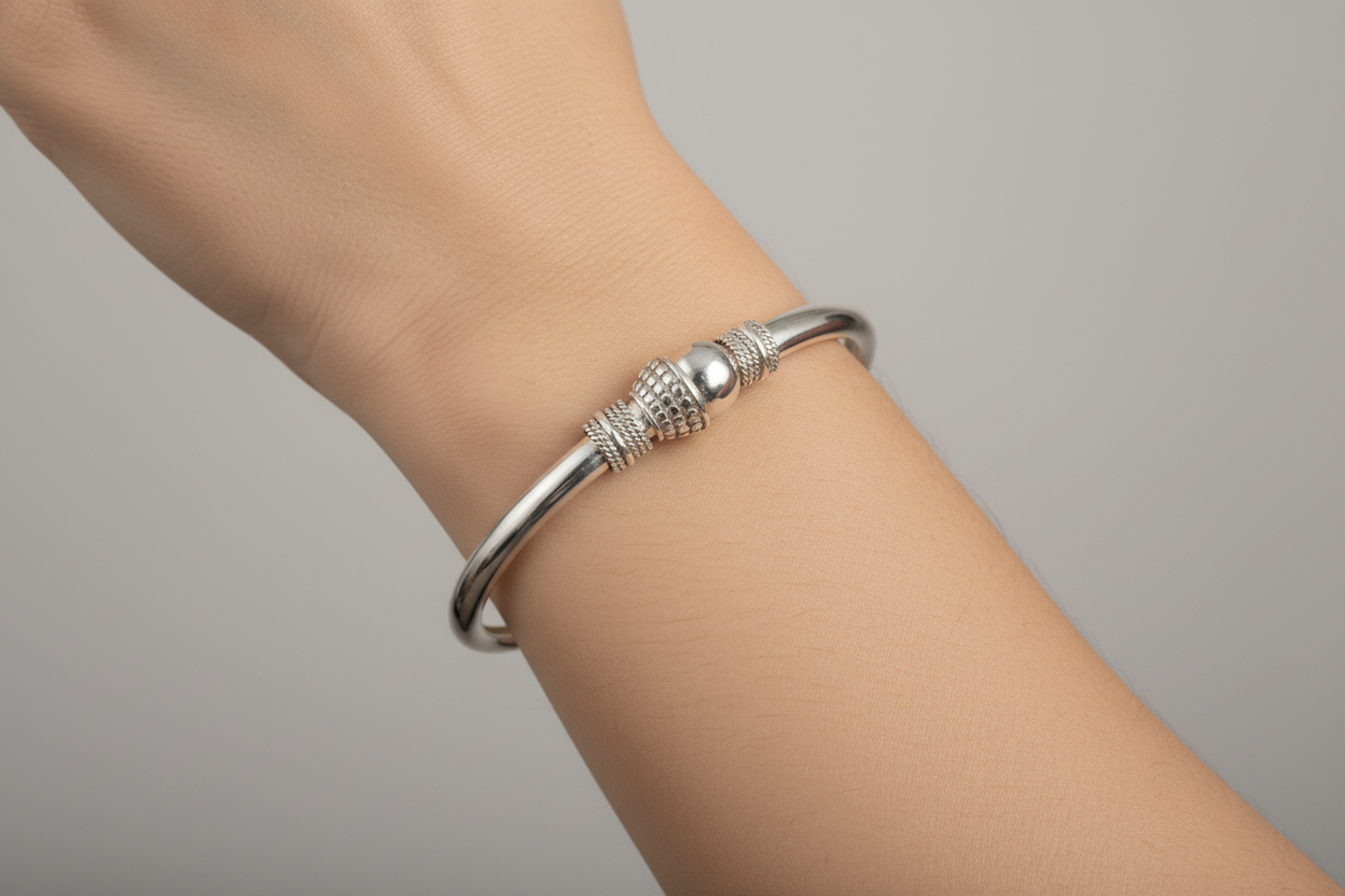 Textured Cone Bead Silver Kada – 925 Sterling Silver Bracelet Designer Center Bead Bangle