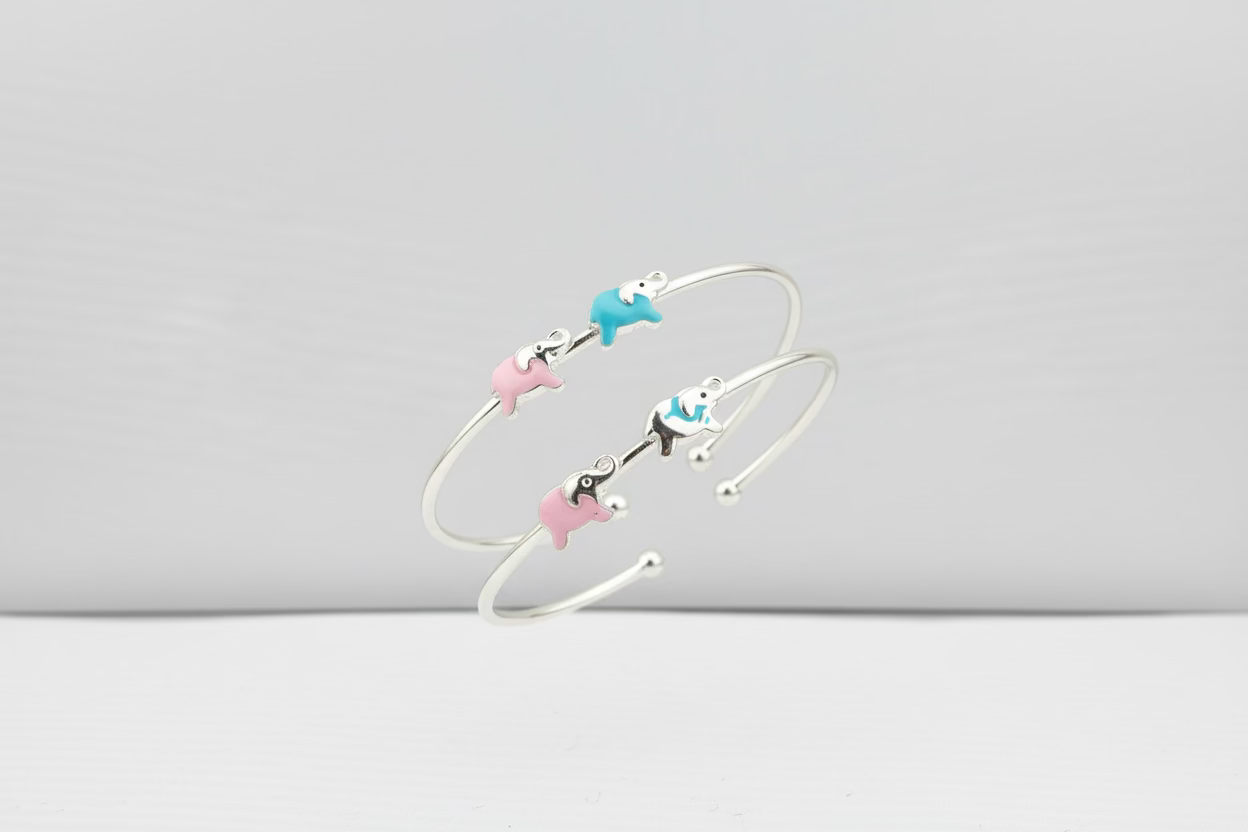 Kids Elephant Charm Silver Kada Pair