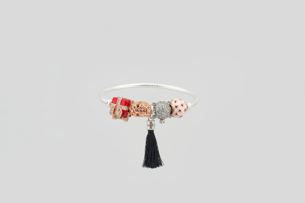 Charm Beaded Silver Bracelet – 925 Sterling Silver Kada with Designer Charms & Tassel