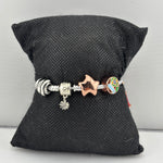 Charm Bead Silver Bracelet – 925 Sterling Silver Kada with Star, Floral & Enamel Charms