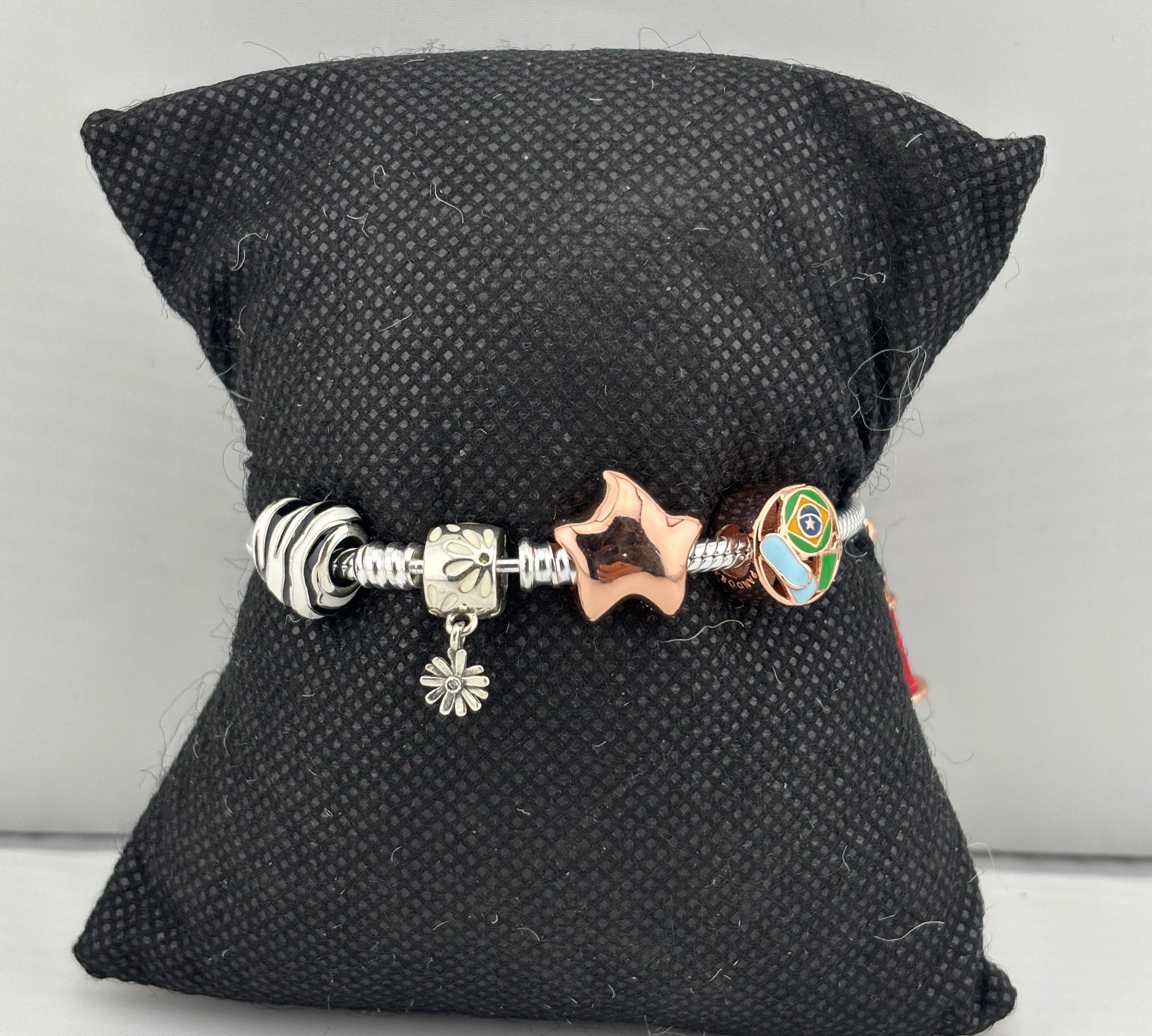 Charm Bead Silver Bracelet – 925 Sterling Silver Kada with Star, Floral & Enamel Charms
