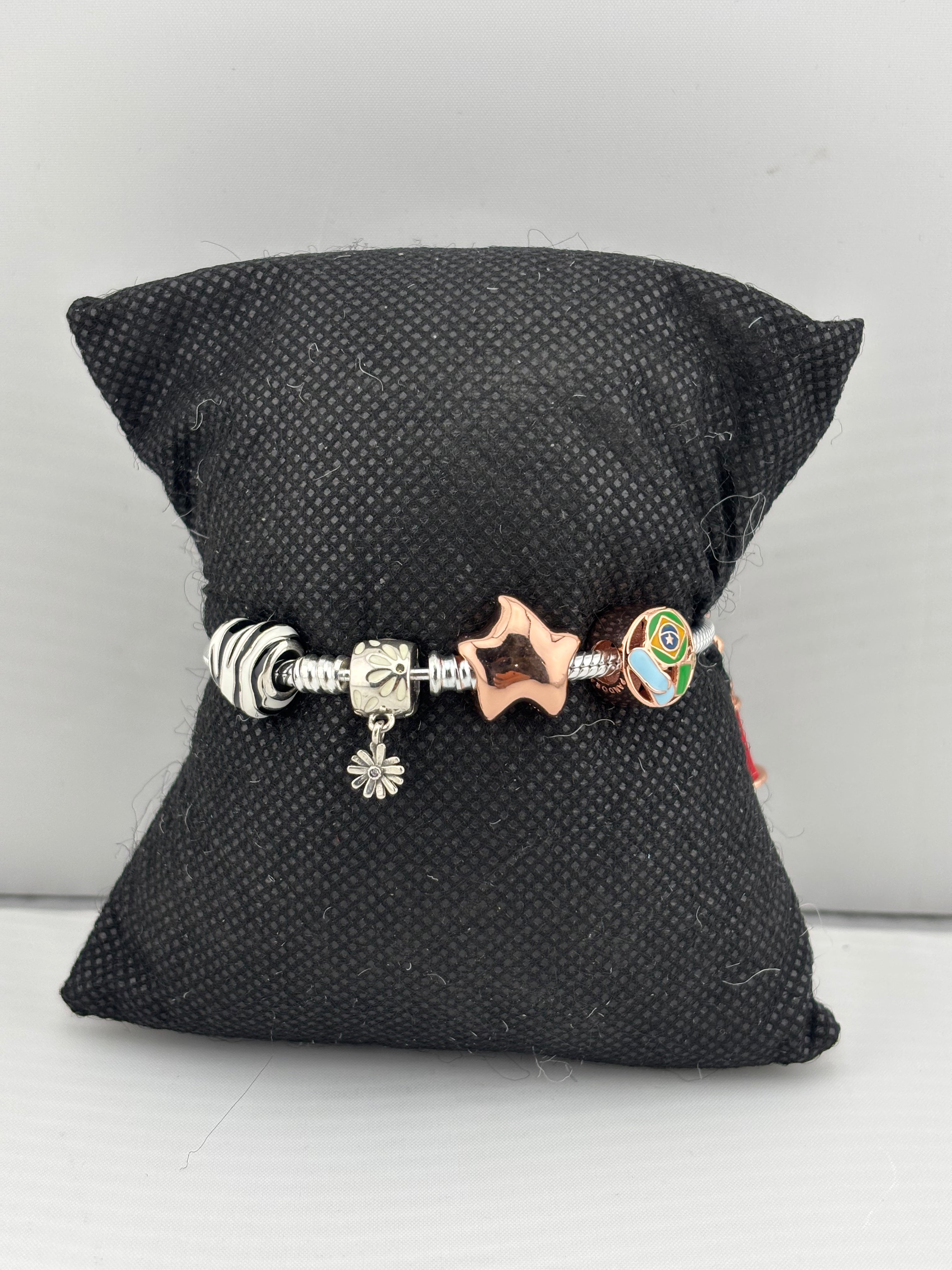 Charm Bead Silver Bracelet – 925 Sterling Silver Kada with Star, Floral & Enamel Charms