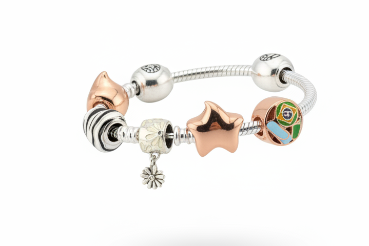 Charm Bead Silver Bracelet – 925 Sterling Silver Kada with Star, Floral & Enamel Charms
