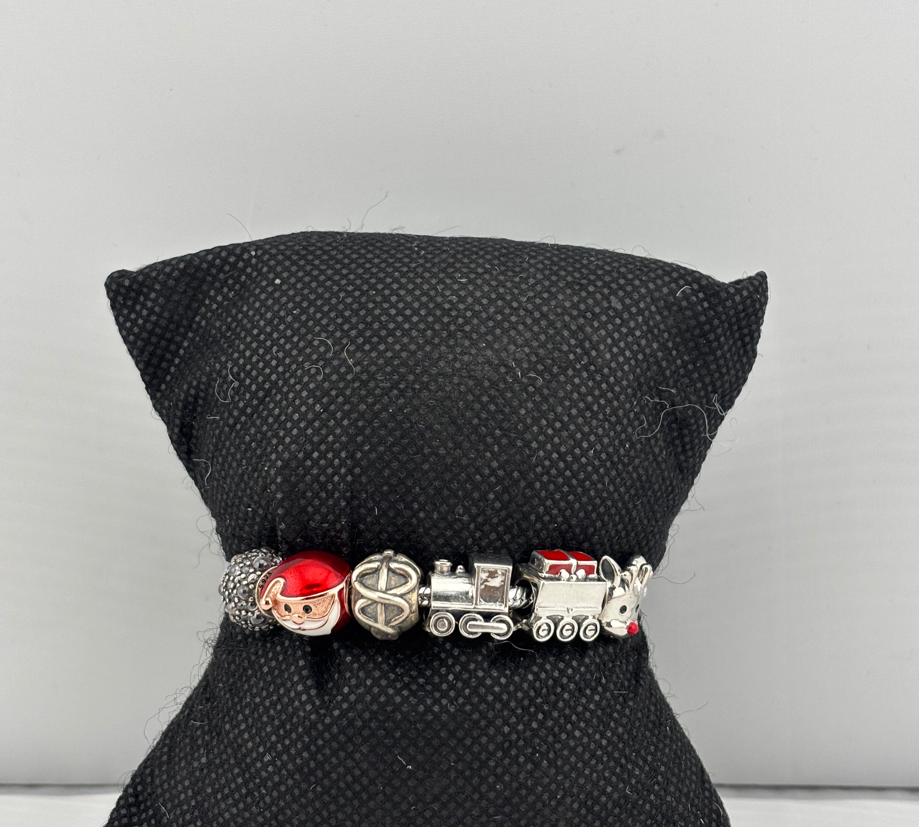 Christmas Charm Silver Bracelet – 925 Sterling Silver Kada with Santa, Train & Holiday Beads