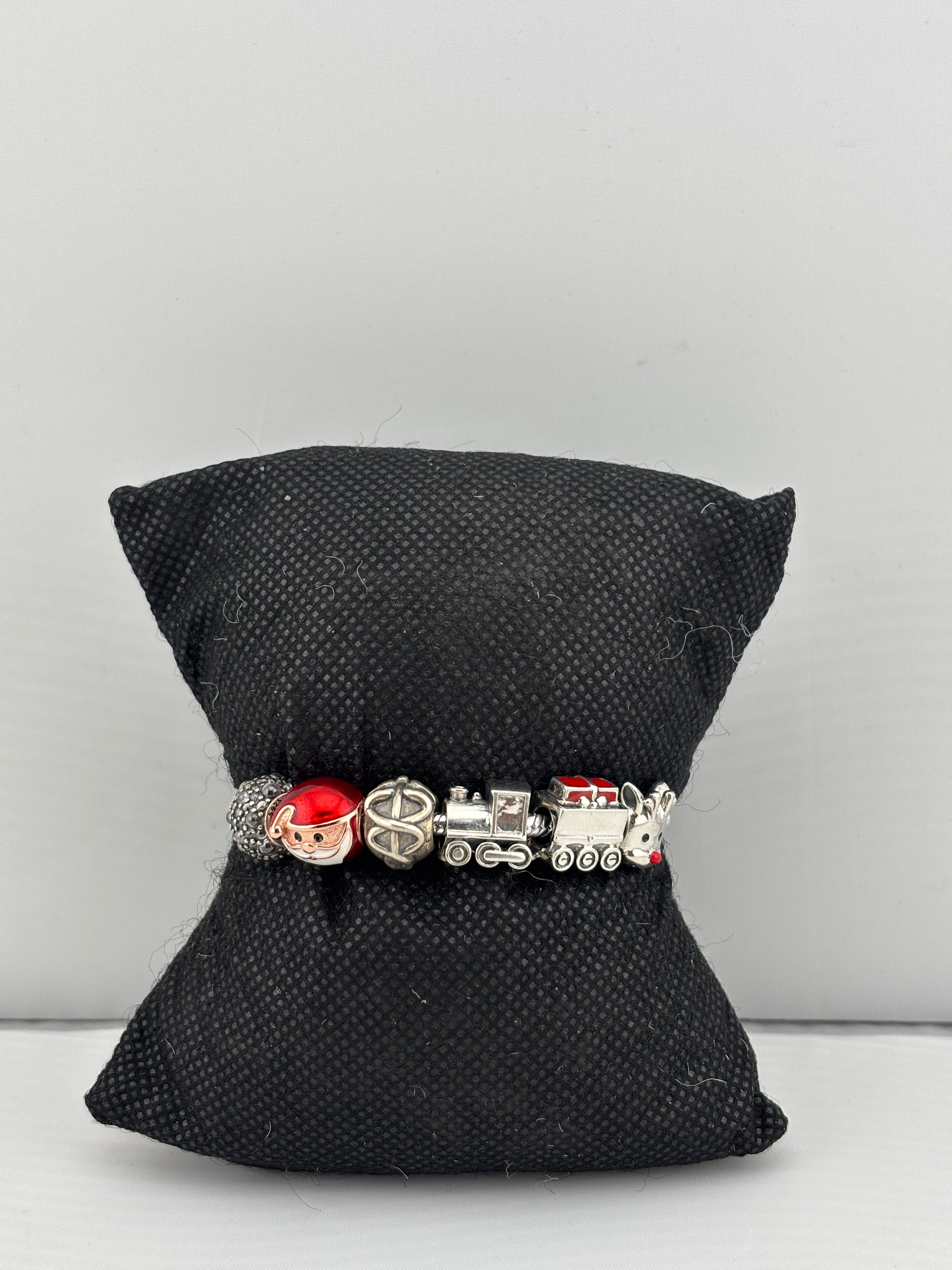 Christmas Charm Silver Bracelet – 925 Sterling Silver Kada with Santa, Train & Holiday Beads