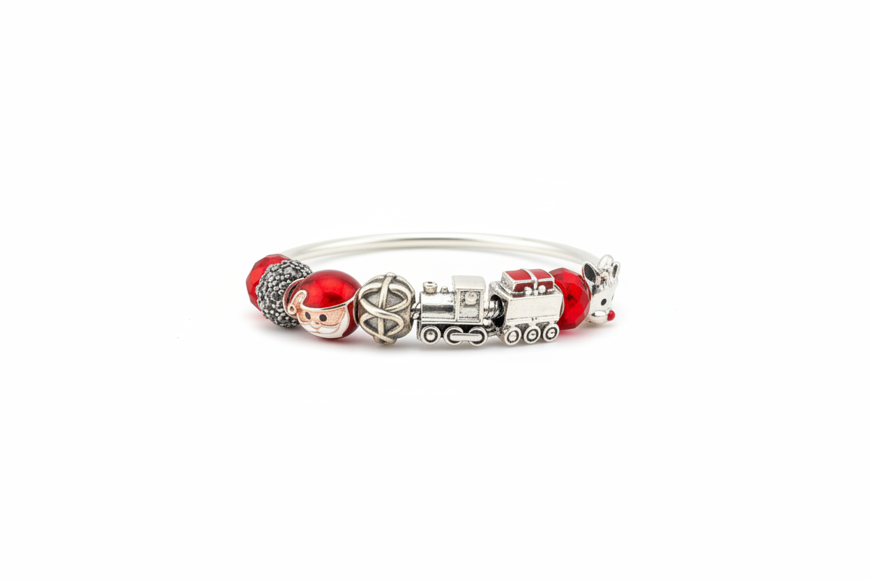 Christmas Charm Silver Bracelet – 925 Sterling Silver Kada with Santa, Train & Holiday Beads