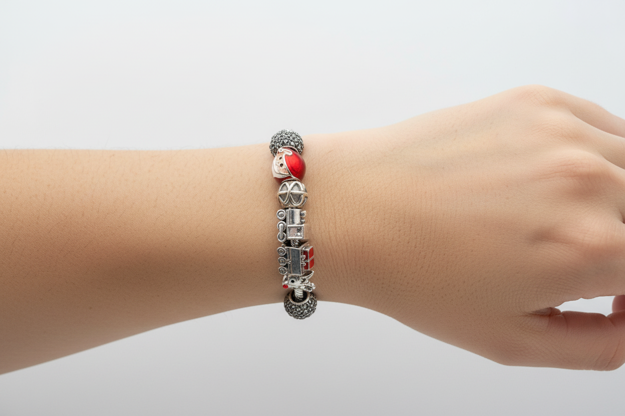 Christmas Charm Silver Bracelet – 925 Sterling Silver Kada with Santa, Train & Holiday Beads