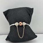 Bow Charm Silver Bracelet with Chain Drop – 925 Sterling Silver Kada with Rose Gold Accent Bead