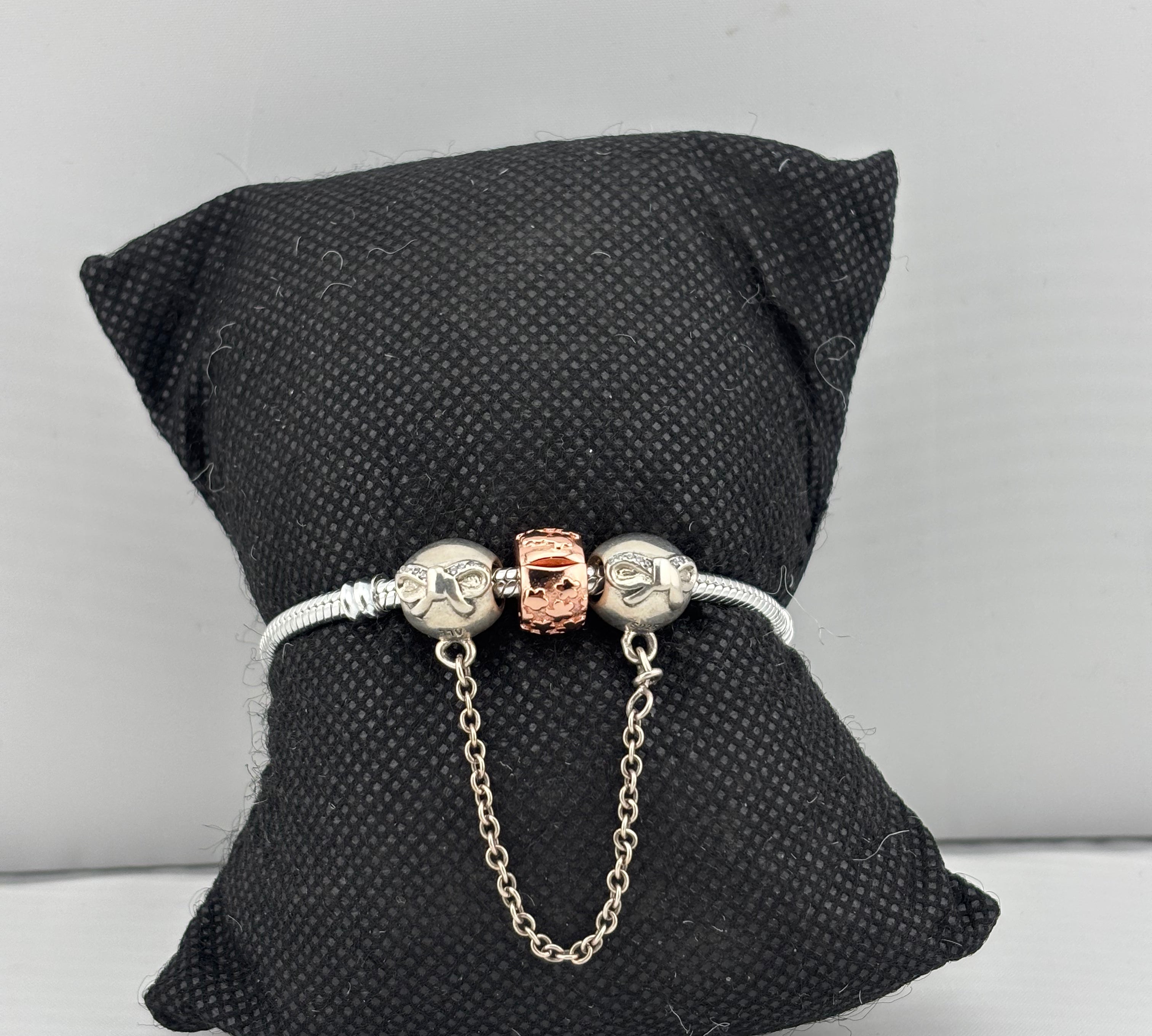 Bow Charm Silver Bracelet with Chain Drop – 925 Sterling Silver Kada with Rose Gold Accent Bead