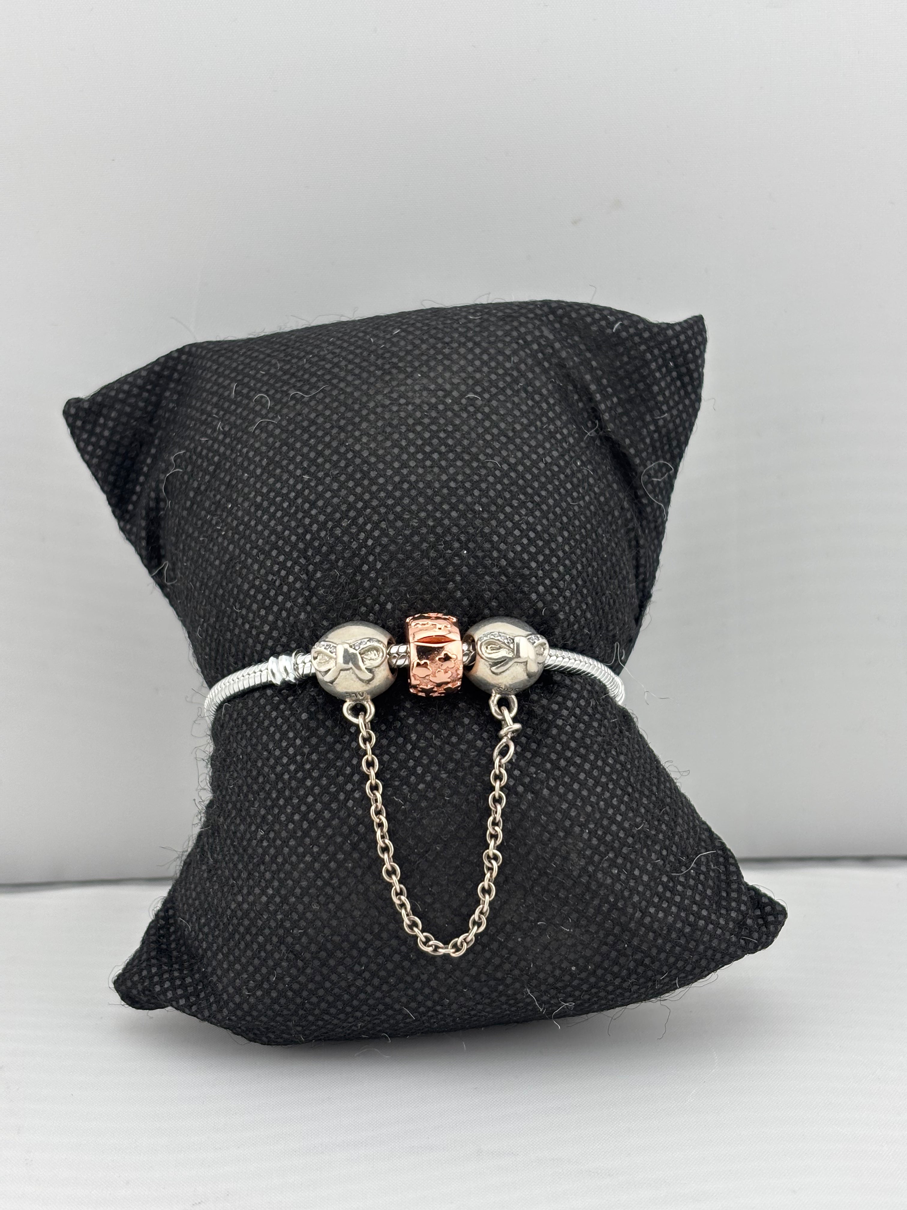 Bow Charm Silver Bracelet with Chain Drop – 925 Sterling Silver Kada with Rose Gold Accent Bead