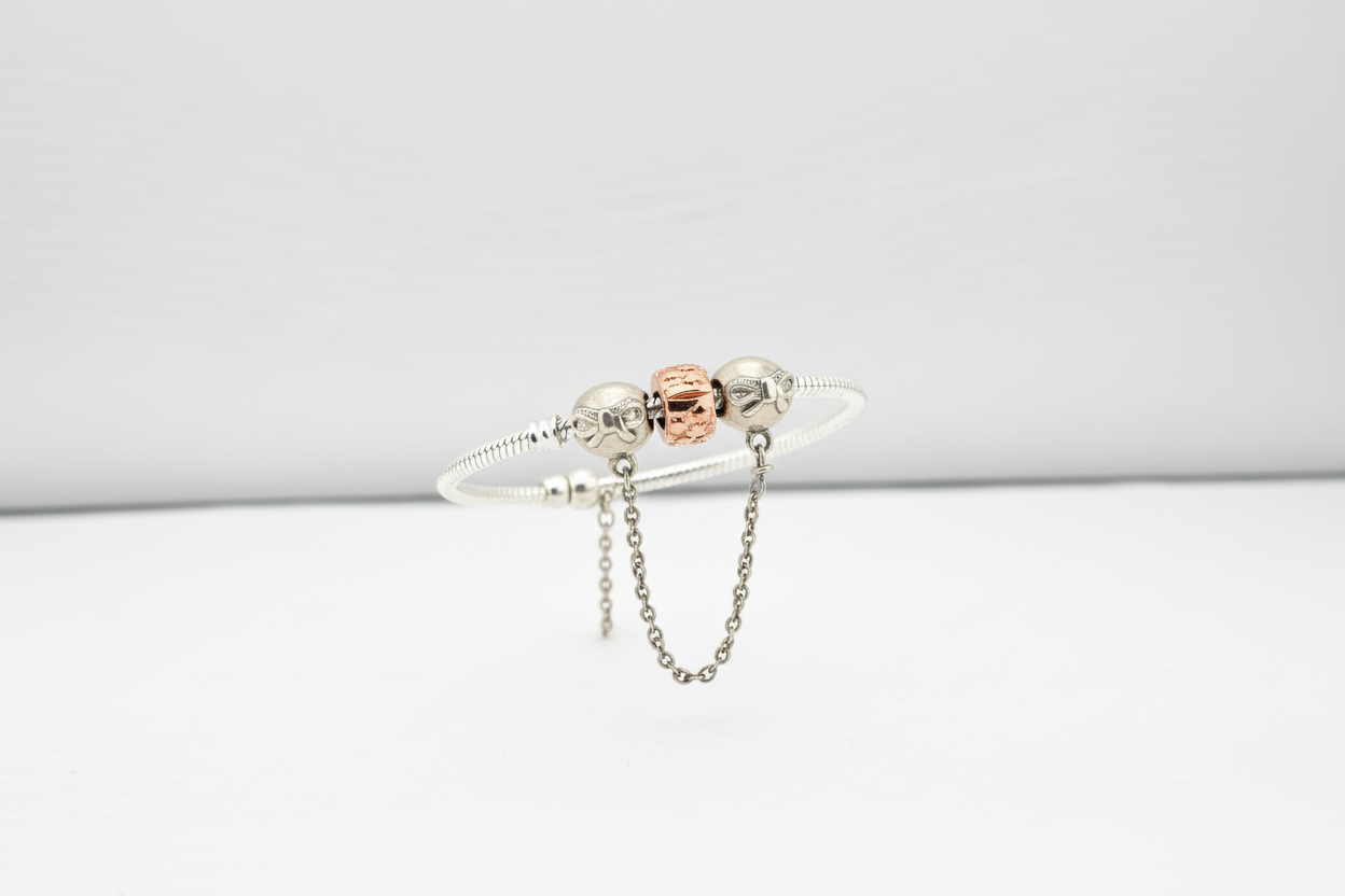 Bow Charm Silver Bracelet with Chain Drop – 925 Sterling Silver Kada with Rose Gold Accent Bead