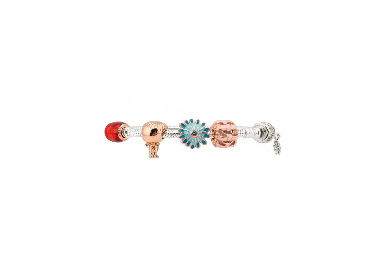 Charm Bead Silver Bracelet – 925 Sterling Silver Kada with Floral Enamel & Rose Gold Accents