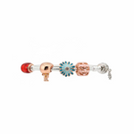 Charm Bead Silver Bracelet – 925 Sterling Silver Kada with Floral Enamel & Rose Gold Accents