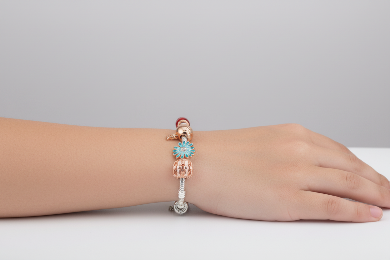 Charm Bead Silver Bracelet – 925 Sterling Silver Kada with Floral Enamel & Rose Gold Accents