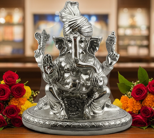 999 Pure Silver Lord Ganesha Idol with Turban Design – Ganpati Murti