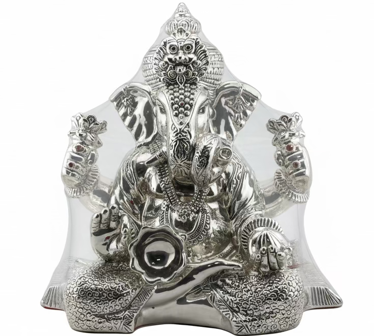 999 Pure Silver Lord Ganesha Idol with Modak & Ornate Crown – Ganpati Murti