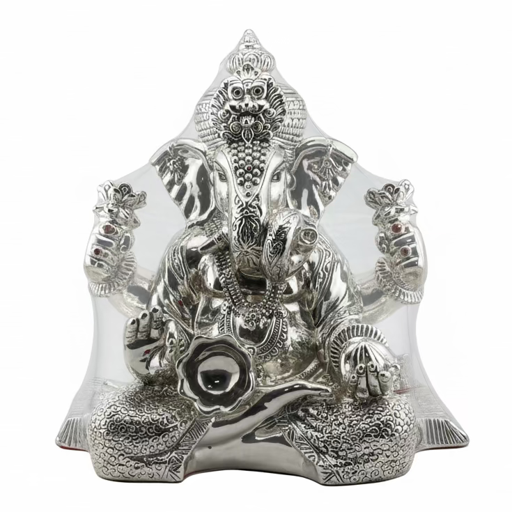 999 Pure Silver Lord Ganesha Idol with Modak & Ornate Crown – Ganpati Murti