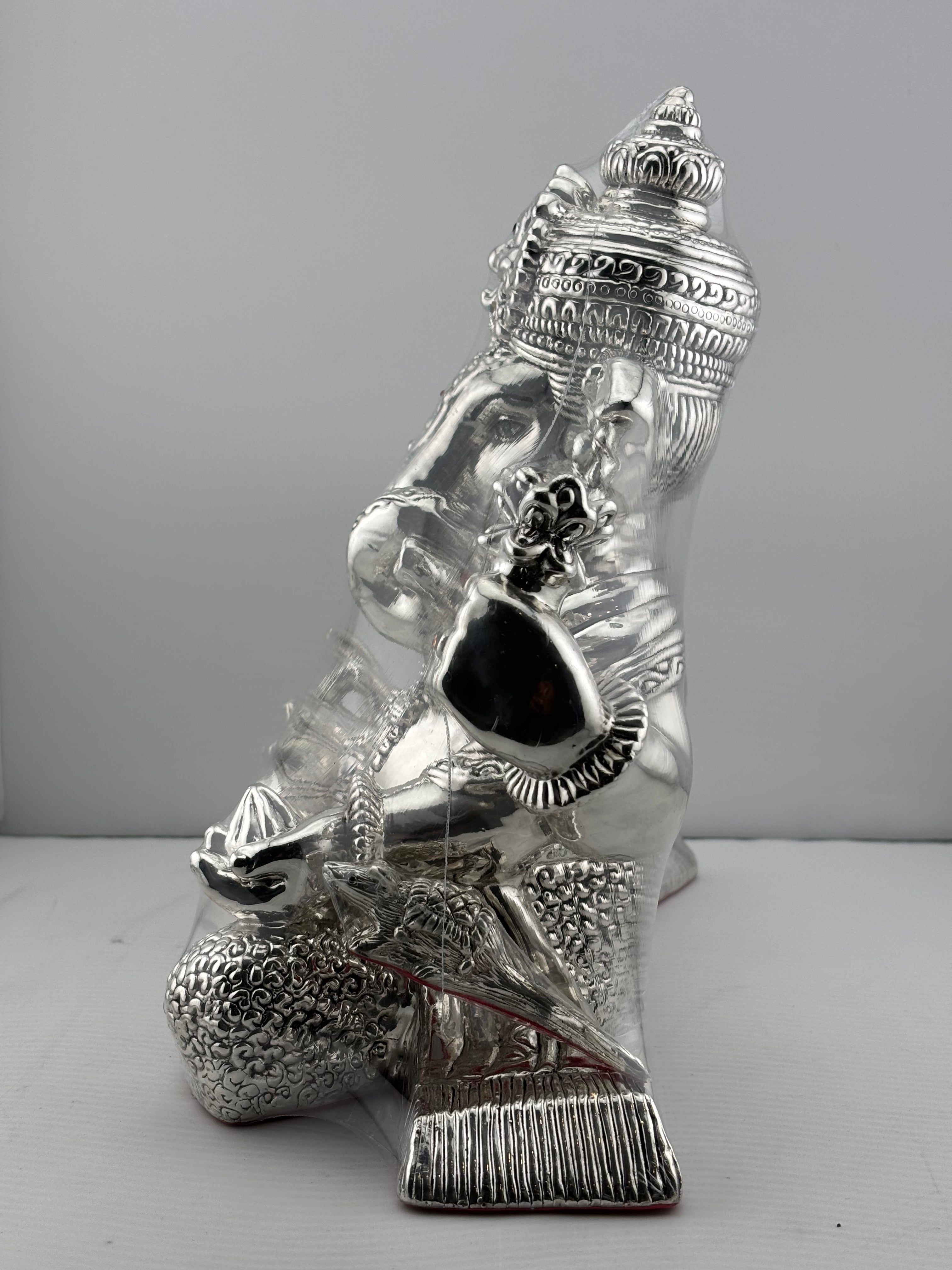 999 Pure Silver Lord Ganesha Idol with Modak & Ornate Crown – Ganpati Murti