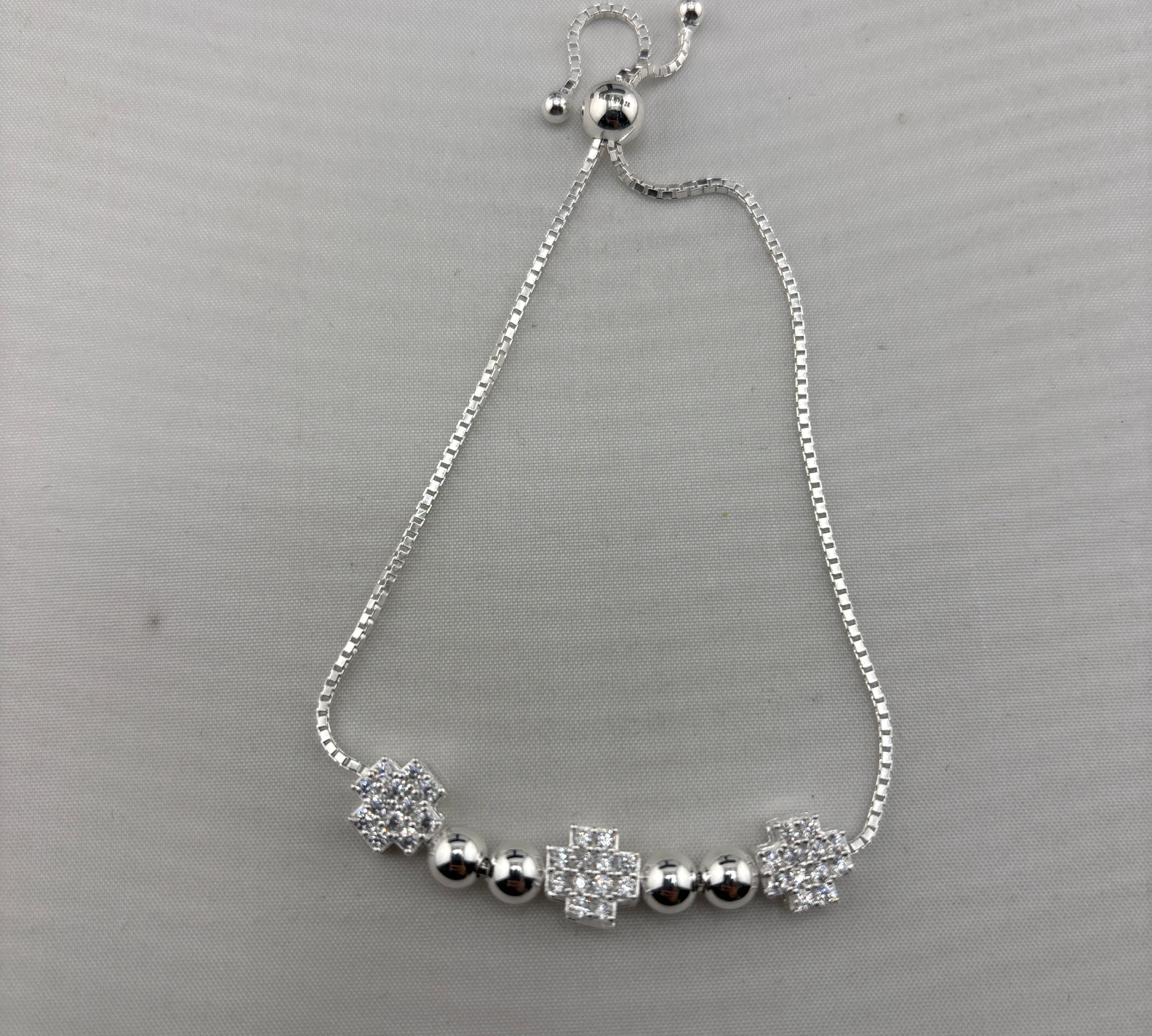 925 Sterling Silver Cross Floral CZ Adjustable Bracelet | 5g