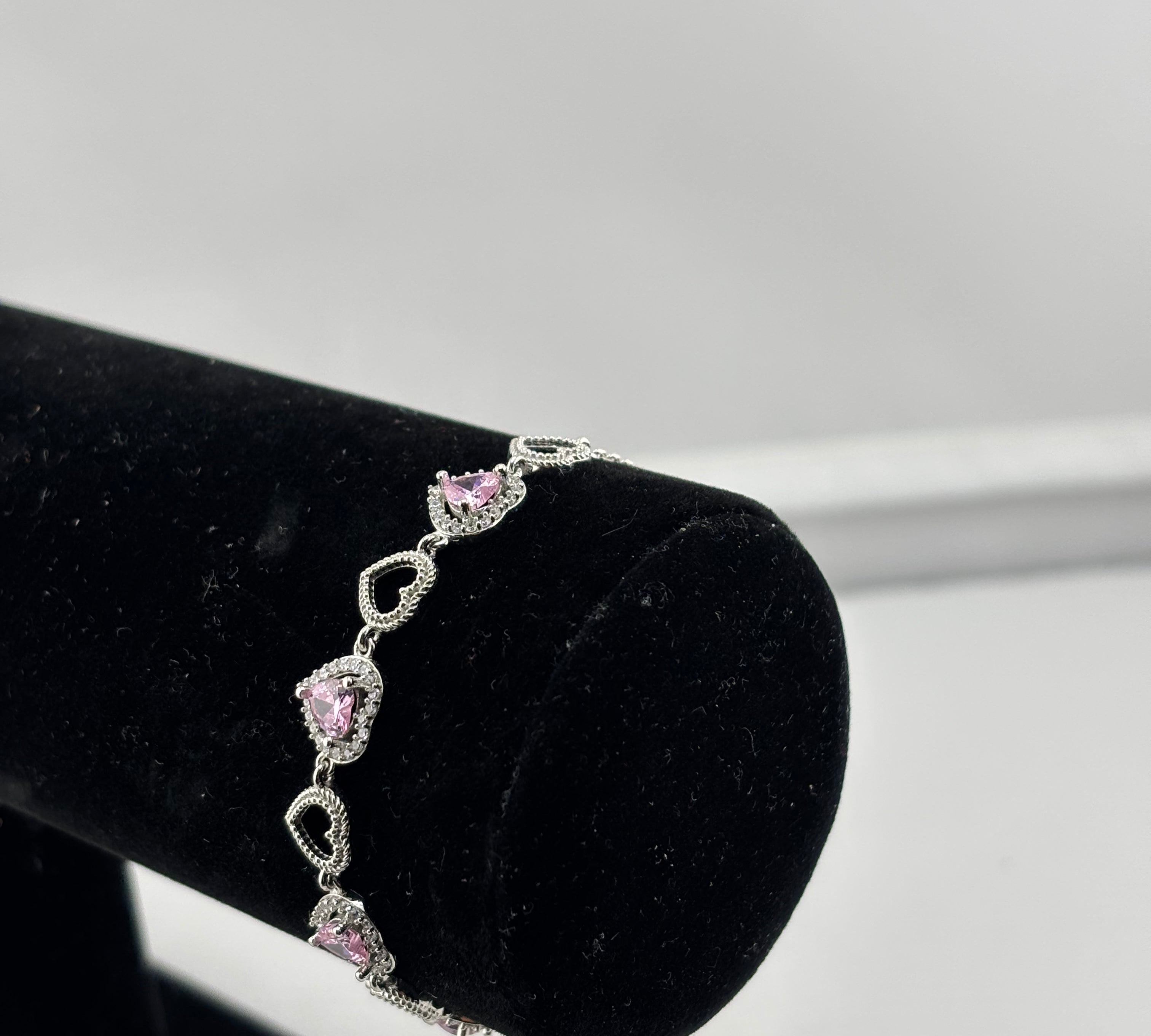 925 Sterling Silver Pink Heart CZ Bracelet | 8g