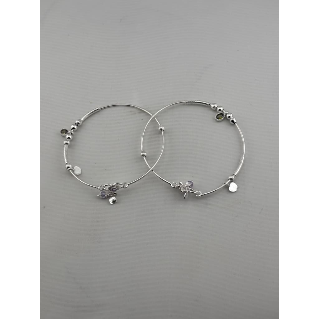 Adjustable Charm Anklet Pair – 925 Sterling Silver Wire Anklet with Stone Charms – 27g