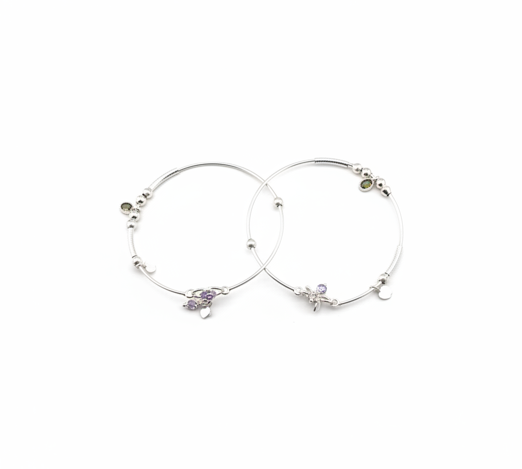 Adjustable Charm Anklet Pair – 925 Sterling Silver Wire Anklet with Stone Charms-27g
