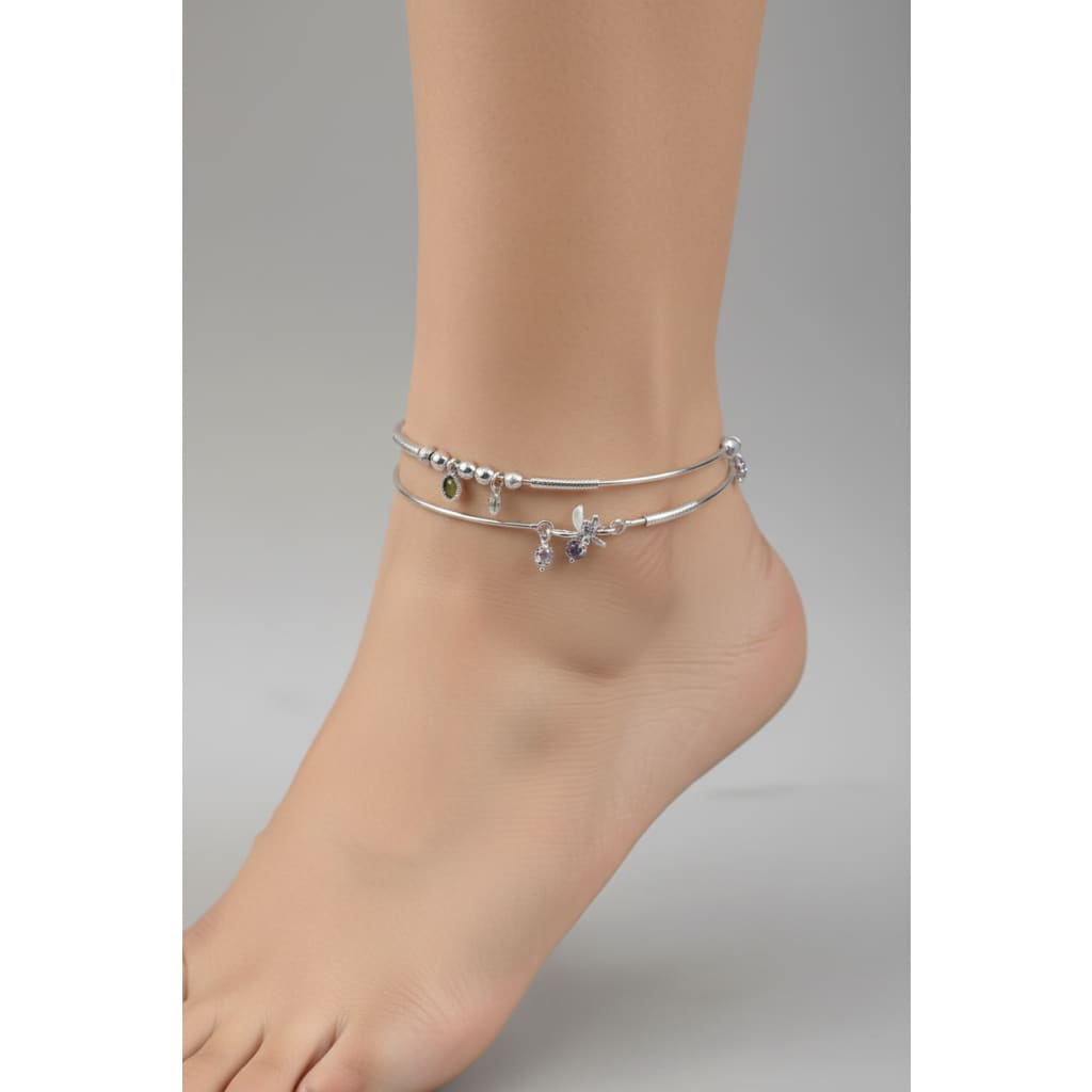 Adjustable Charm Anklet Pair – 925 Sterling Silver Wire Anklet with Stone Charms – 27g