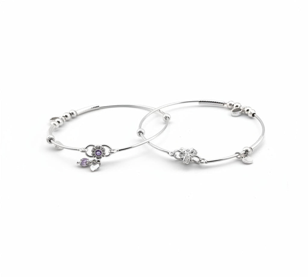 Adjustable Charm Anklet Pair – 925 Sterling Silver Wire Anklet with Stone Charms – 27g
