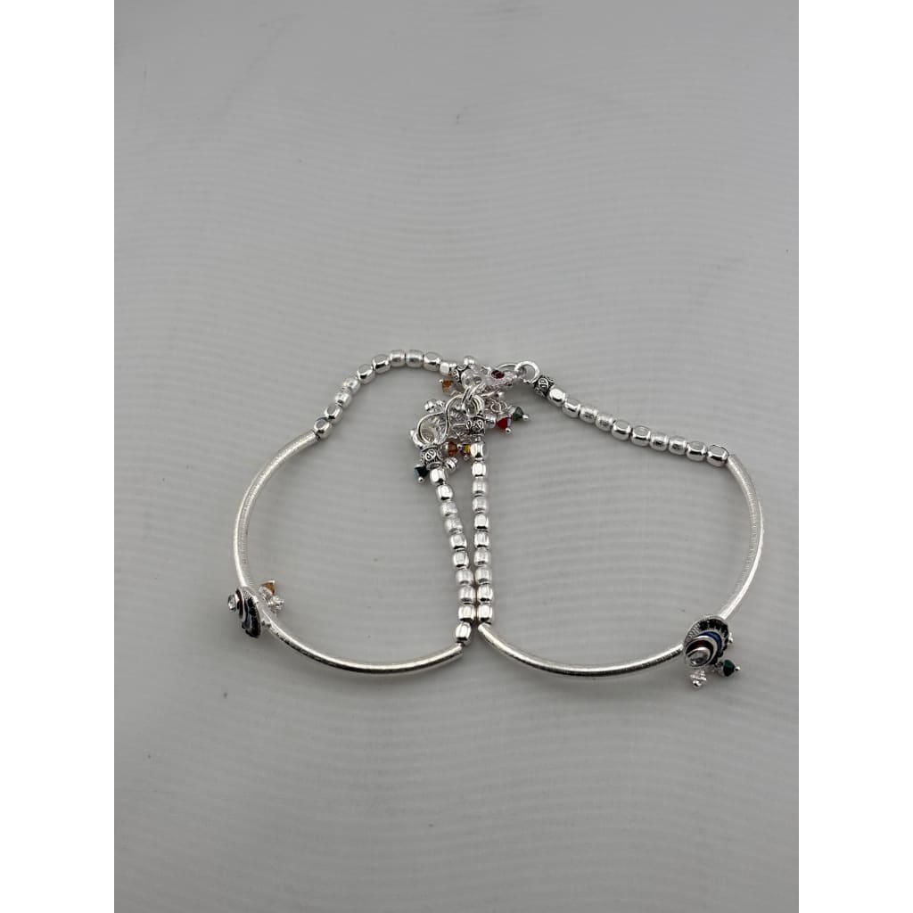 Adjustable Kada Anklet Pair with Stone Charms – 925 Sterling Silver Beaded Anklet – 57g