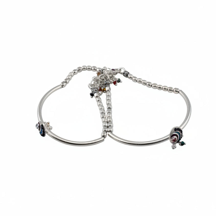 Adjustable Kada Anklet Pair with Stone Charms – 925 Sterling Silver Beaded Anklet – 57g