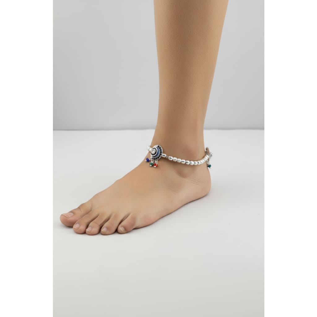 Adjustable Kada Anklet Pair with Stone Charms – 925 Sterling Silver Beaded Anklet – 57g