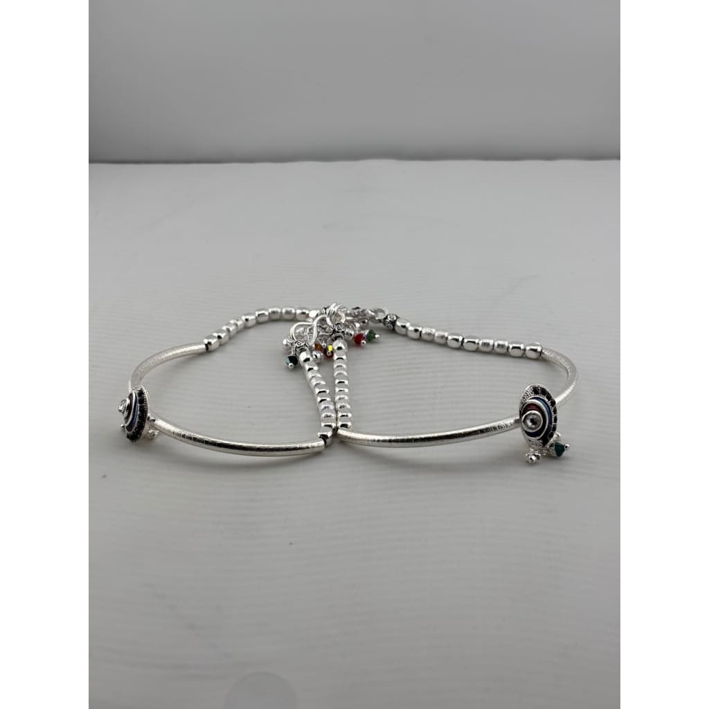 Adjustable Kada Anklet Pair with Stone Charms – 925 Sterling Silver Beaded Anklet – 57g