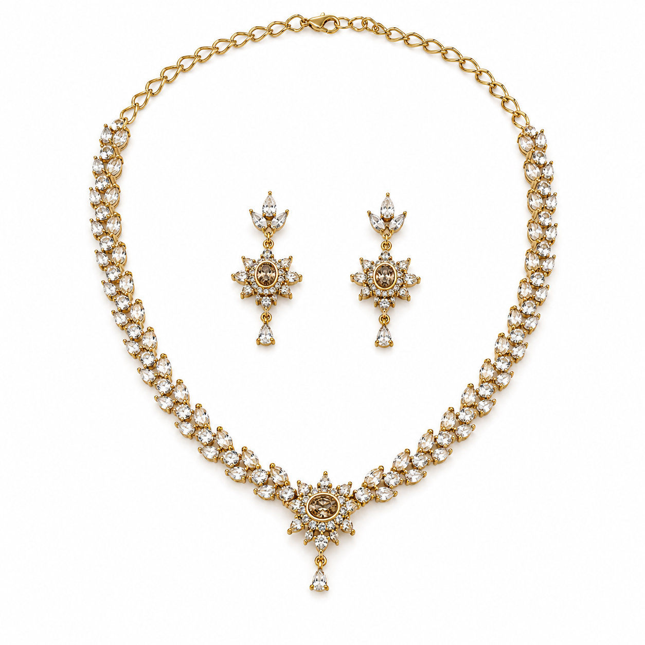 Gold-plated 925 sterling silver crystal necklace and matching earrings set on pure white background