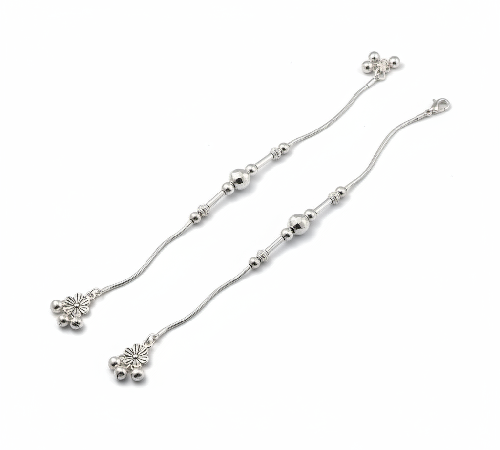 Beaded Bar Center Anklet – 925 Sterling Silver – Adjustable – 23g