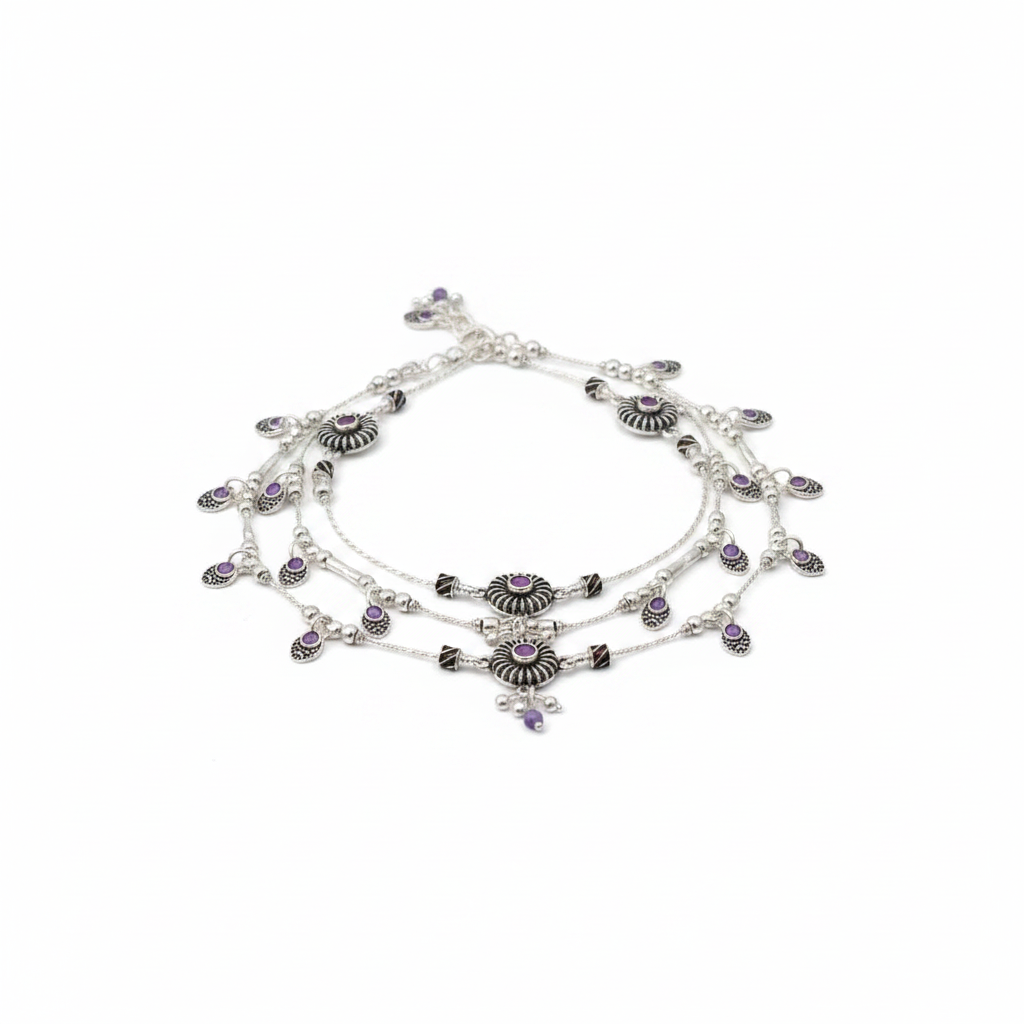 Beaded Charm Anklet – 925 Sterling Silver – Purple Stone Ethnic Design-38g