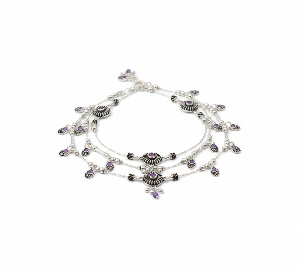 Beaded Charm Anklet – 925 Sterling Silver – Purple Stone Ethnic Design-38g