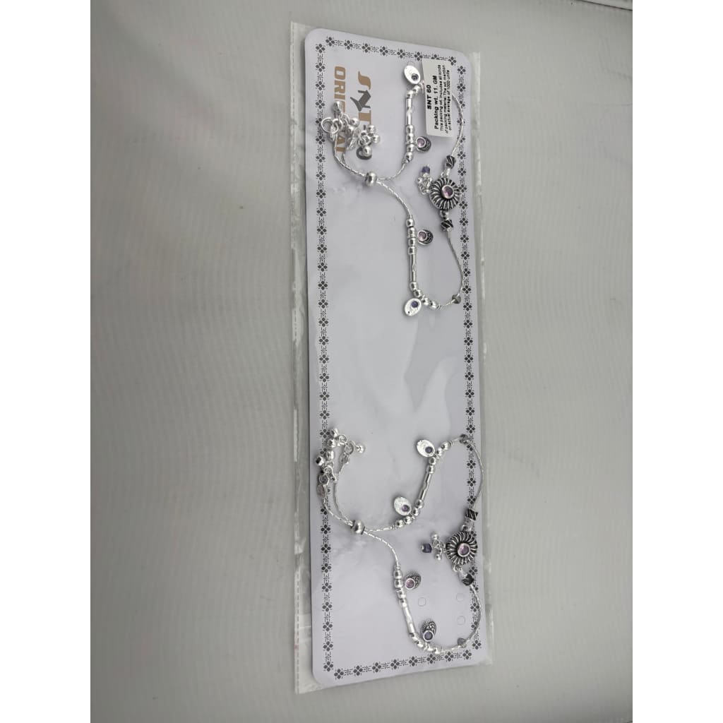 Beaded Charm Anklet – 925 Sterling Silver – Purple Stone Ethnic Design – 38g