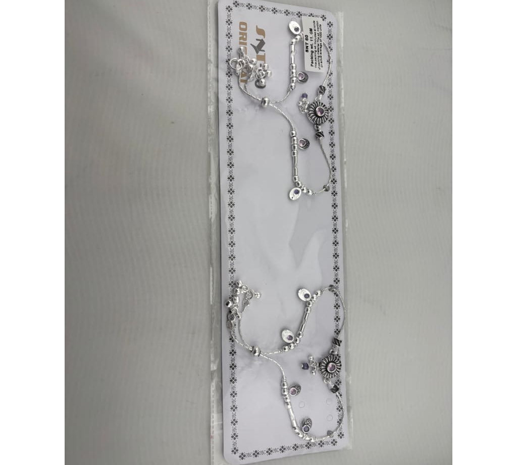 Beaded Charm Anklet – 925 Sterling Silver – Purple Stone Ethnic Design – 38g