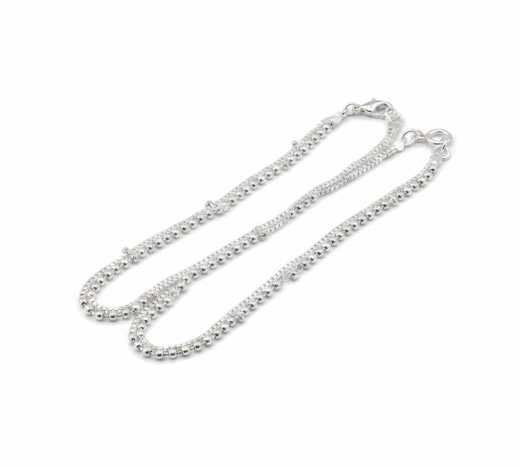 Beaded Double Chain Anklet – 925 Sterling Silver – Adjustable – 50g