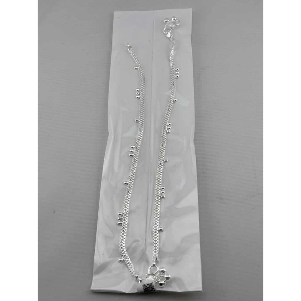 Beaded Line Silver Anklet – 925 Sterling Silver – Minimal Ghungroo Style – Adjustable – 30g