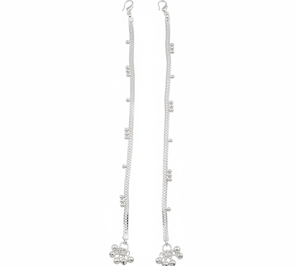 Beaded Line Silver Anklet – 925 Sterling Silver – Minimal Ghungroo Style – Adjustable-30g