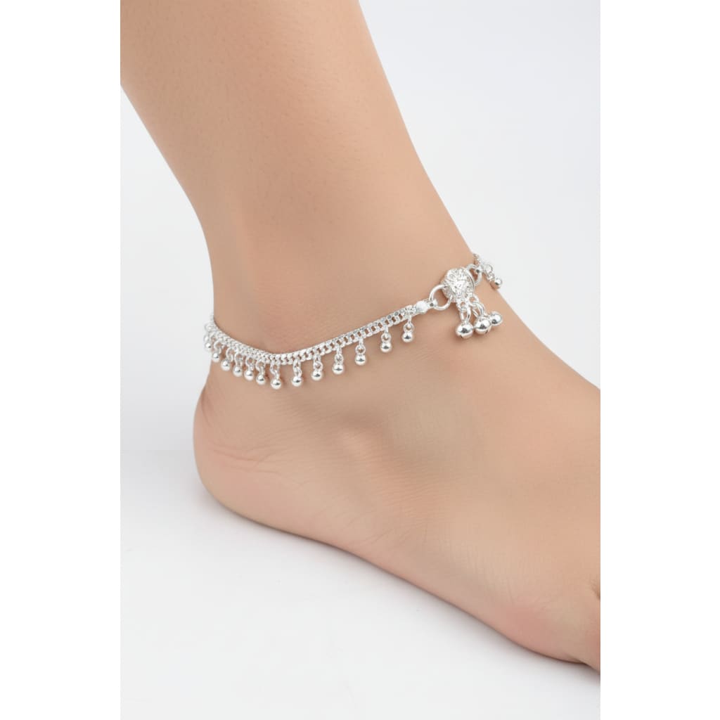 Beaded Line Silver Anklet – 925 Sterling Silver – Minimal Ghungroo Style – Adjustable – 30g