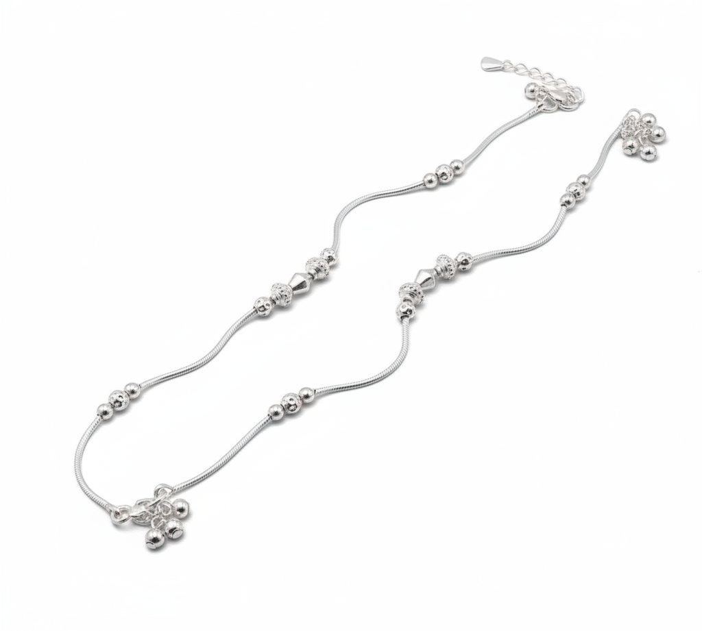 Beaded Snake Chain Silver Anklet – 925 – Adjustable – Weight:26g